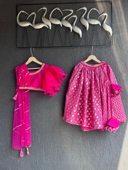 The Little Tales - One Off Shoulder Blouse With Attached Dupatta And Chanderi Lehenga