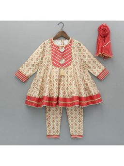 The Little Tales - Coral Anarkali Kurta And Printed With Dupatta