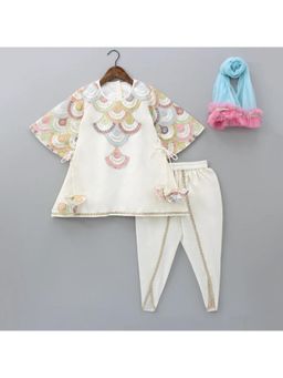 The Little Tales - Embroidered White Kurti And Tulip Dhoti With Dupatta