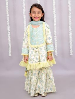 The Little Tales - Pastel Green Mughal Leaf Print Kurta And Sharara With Dupatta