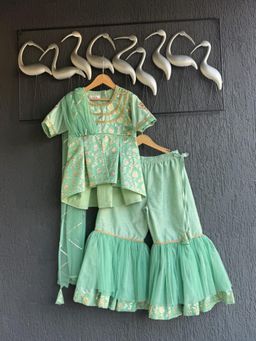 The Little Tales - Green Chanderi Kurta And Sharara With Attached Dupatta