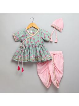 The Little Tales - Mint Green Lotus Print Angrakha Kurta And Dhoti