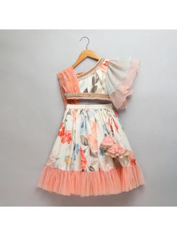 The Little Tales - Floral Printed Off Shoulder Blouse With Attached Dupatta And Lehenga