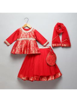 The Little Tales - Red Brocade Peplum Top And Lehnga With Dupatta
