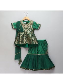 The Little Tales - Green Brocade Kurta With Attached Dupatta And Sharara