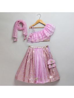 The Little Tales - Lavendar Off Shoulder Blouse Organza Frill And Lehenga With Dupatta