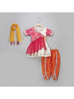 The Little Tales - Pink Orange Bandhej Angarkha Kurta And Dhoti With Dupatta