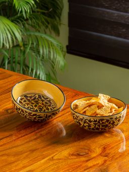 ExclusiveLane - 'Mughal Floral' Hand-painted Ceramic Serving Bowls (Set of 2, 560 ML)