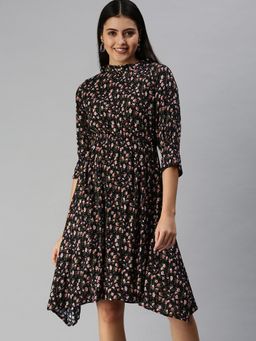 SHOWOFF - Women Navy Blue Floral Ruffled Neck Dress