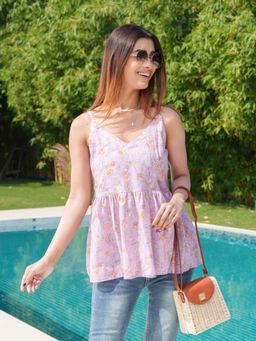 Gahan - Cotton Floral Printed with Gathered Lavender Peplum Top