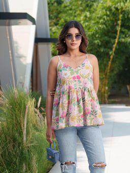 Gahan - Cotton Floral Printed with Peach Peplum Top