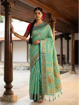 Mimosa - Turquoise Tusser Kanjivaram Saree