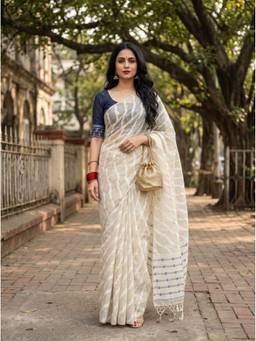Mimosa - Off White Linen Banarasi Zari Woven Design Saree