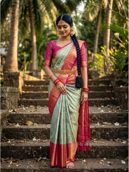 Mimosa - Turquoise Art Silk Kanjivaram Zari Woven Design Saree