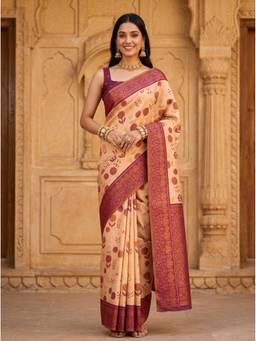 Mimosa - Beige Art Silk Kanjivaram Zari Woven Design Saree
