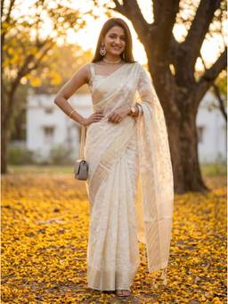 Mimosa - White Organza Banarasi Embroidered Saree