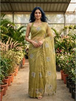Mimosa - Green Olive Tissue Banarasi Saree