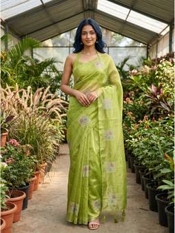 Mimosa - Green Parrot Green Tissue Banarasi Saree