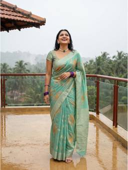 Mimosa - Turquoise Linen Banarasi Zari Woven Design Saree