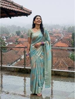 Mimosa - Blue Linen Banarasi Zari Woven Design Saree