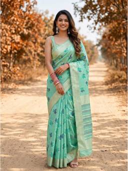 Mimosa - Turquoise Linen Banarasi Zari Woven Design Saree