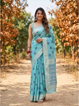 Mimosa - Blue Linen Banarasi Zari Woven Design Saree