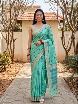 Mimosa - Turquoise Rama Linen Banarasi Saree