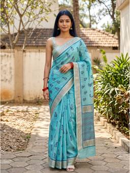 Mimosa - Blue Sapphire Linen Banarasi Saree