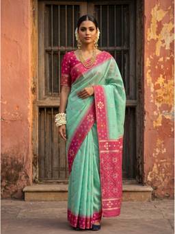 Mimosa - Turquoise Linen Banarasi Zari Woven Design Saree
