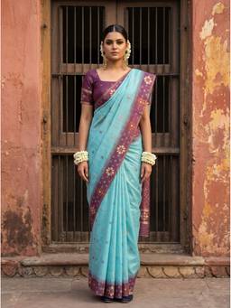 Mimosa - Blue Linen Banarasi Zari Woven Design Saree