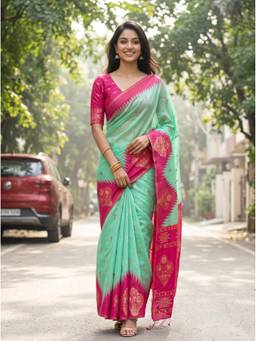 Mimosa - Turquoise Linen Banarasi Zari Woven Design Saree