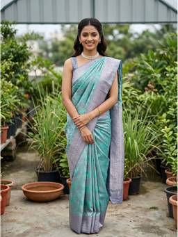 Mimosa - Turquoise Art Silk Kanjivaram Zari Woven Design Saree