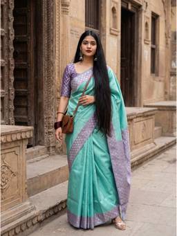 Mimosa - Turquoise Women's Art Silk Kanjivaram Saree