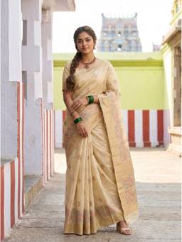 Mimosa - Beige Women's Linen Banarasi Saree