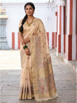 Mimosa - Beige Women's Linen Banarasi Saree
