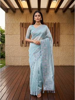 Mimosa - Blue Tissue Banarasi Embroidered Saree