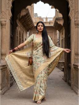 Mimosa - Green Women's Linen Banarasi Saree