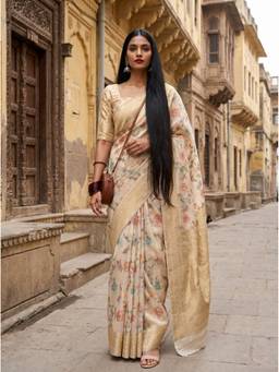 Mimosa - Beige Women's Linen Banarasi Saree