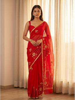 Mimosa - Red chiffon Banarasi Print Work Saree
