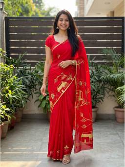 Mimosa - Red chiffon Banarasi Print Work Saree