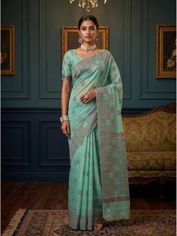 Mimosa - Turquoise Linen Banarasi Zari Woven Design Saree