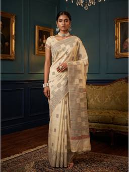 Mimosa - Cream Linen Banarasi Zari Woven Design Saree