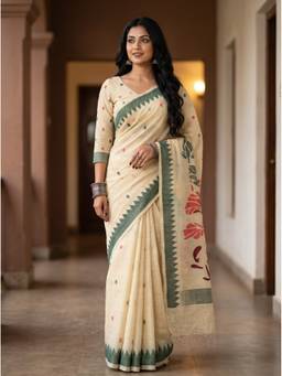 Mimosa - Cream Linen Banarasi Zari Woven Design Saree