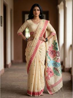Mimosa - Cream Linen Banarasi Zari Woven Design Saree