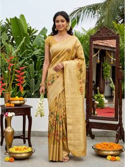 Mimosa - Beige Art Silk Kalamkari Zari Woven Saree