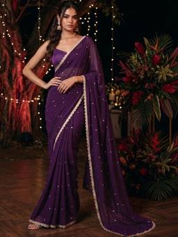 SATRANI - Silk Purple Embroidered Lace Work Saree
