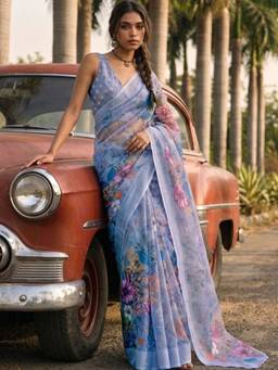 SATRANI - Linen Blue Floral Printed Saree