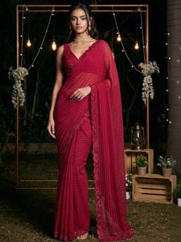 SATRANI - Georgette Red Embroidered Lace Work Saree