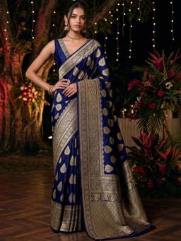 SATRANI - Art Silk Navy Blue Self Design Woven Saree
