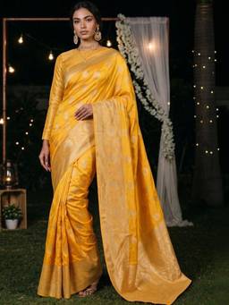 SATRANI - Silk Blend Yellow Self Design Woven Saree